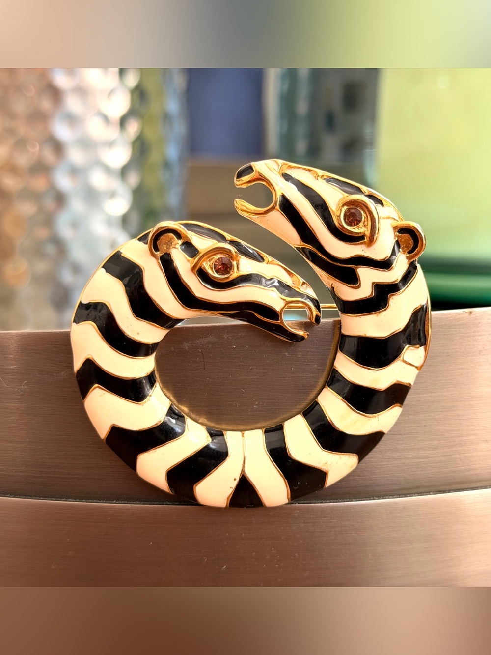 Vintage Kenneth J. Lane KJL Double Zebra Brooch Black White Gold Tone